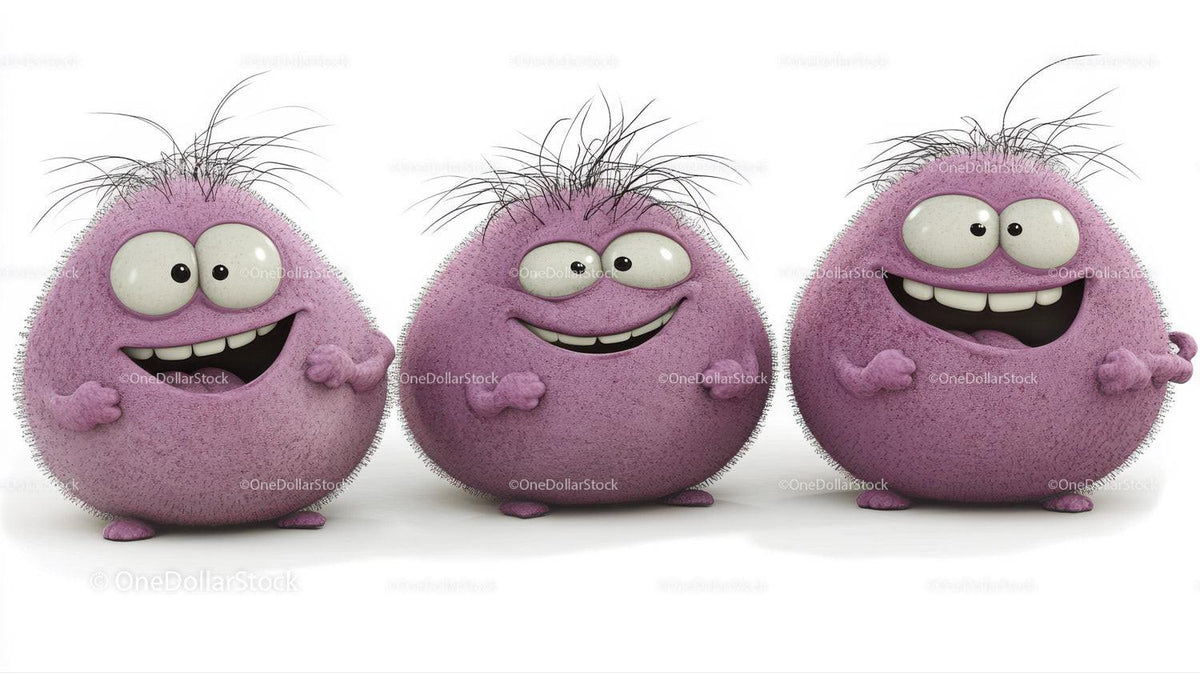 Three round purple furry cartoon monsters with big eyes and wild hair standing together