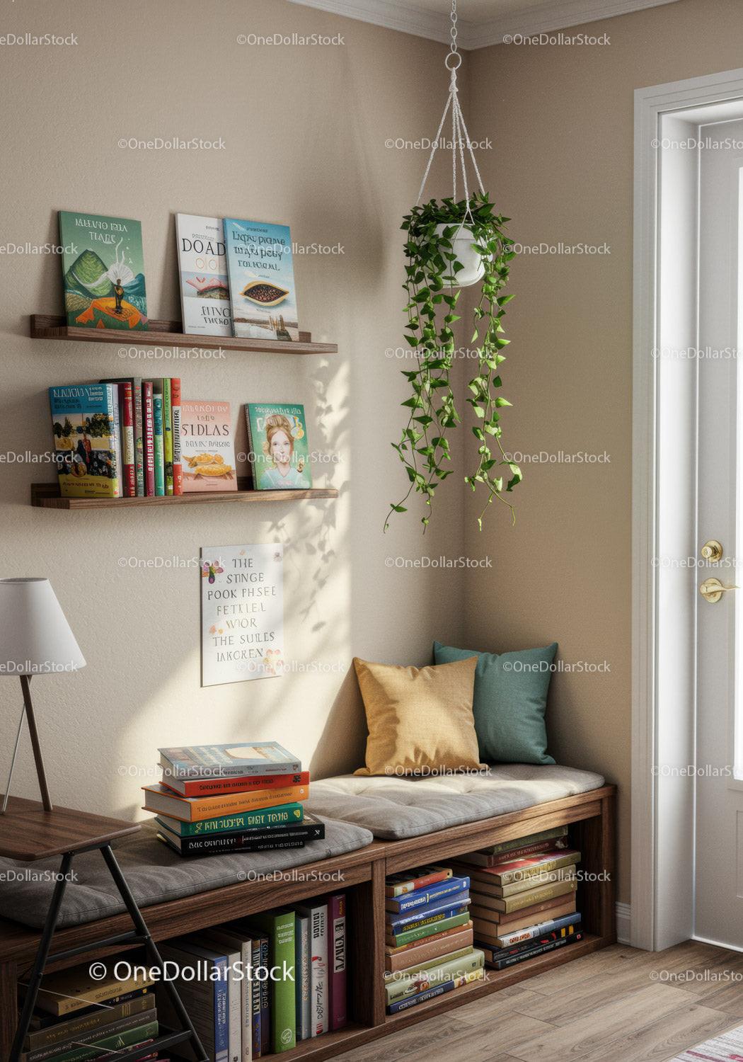 Home Library with Wooden Shelves and Hanging Green Plant in Cozy Corner