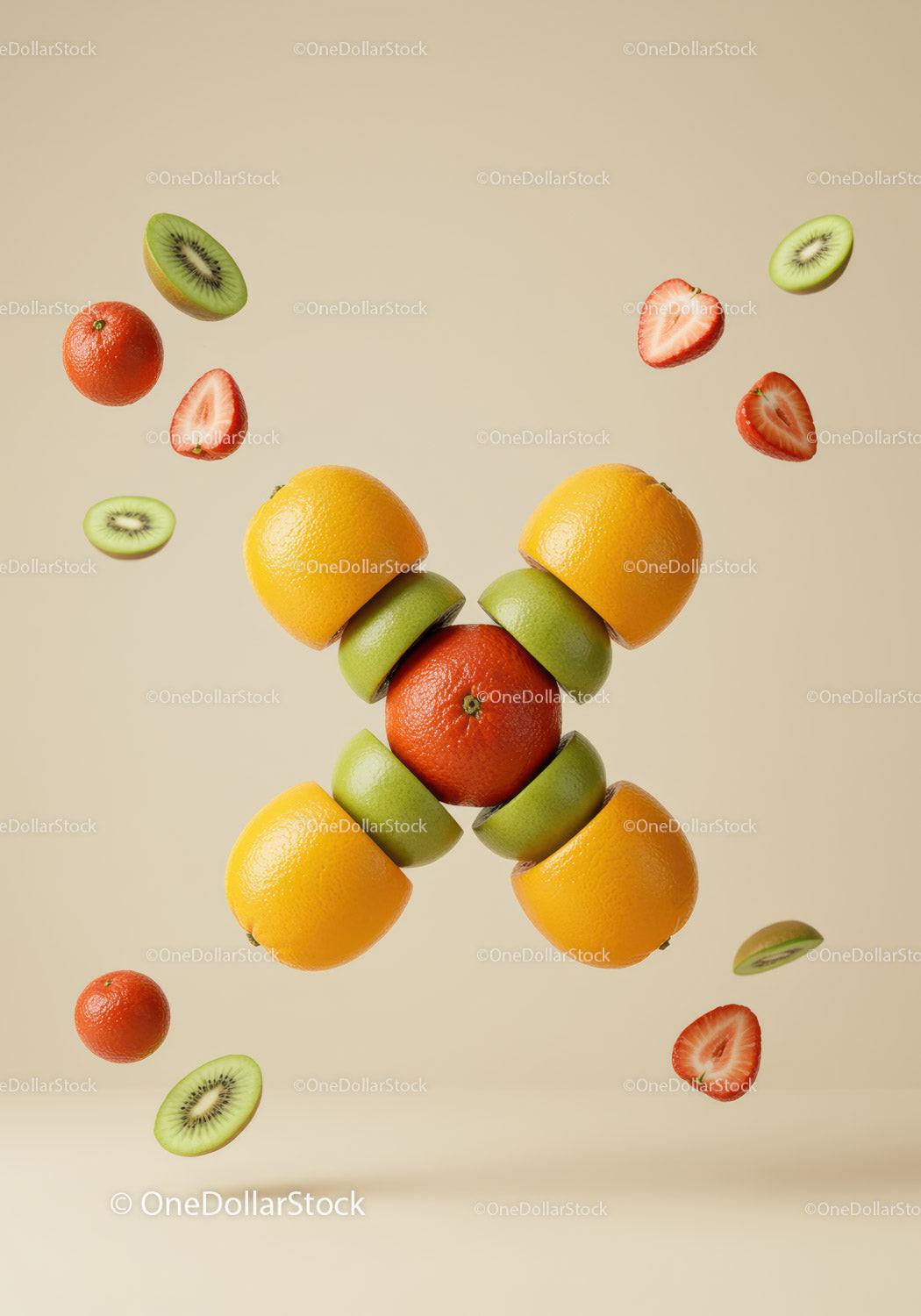 Creative arrangement of citrus and tropical fruits in motion