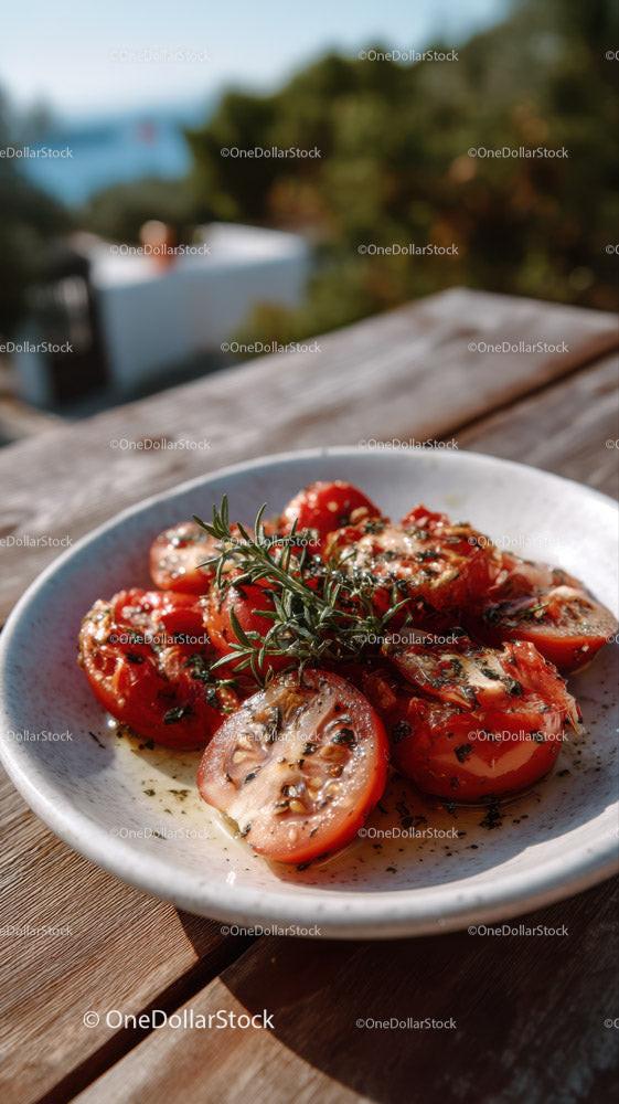 stock photo bundle made with Delicious Cherry Tomato Toast with Fresh Herbs in Outdoor Setting Stock Photo Bundle
