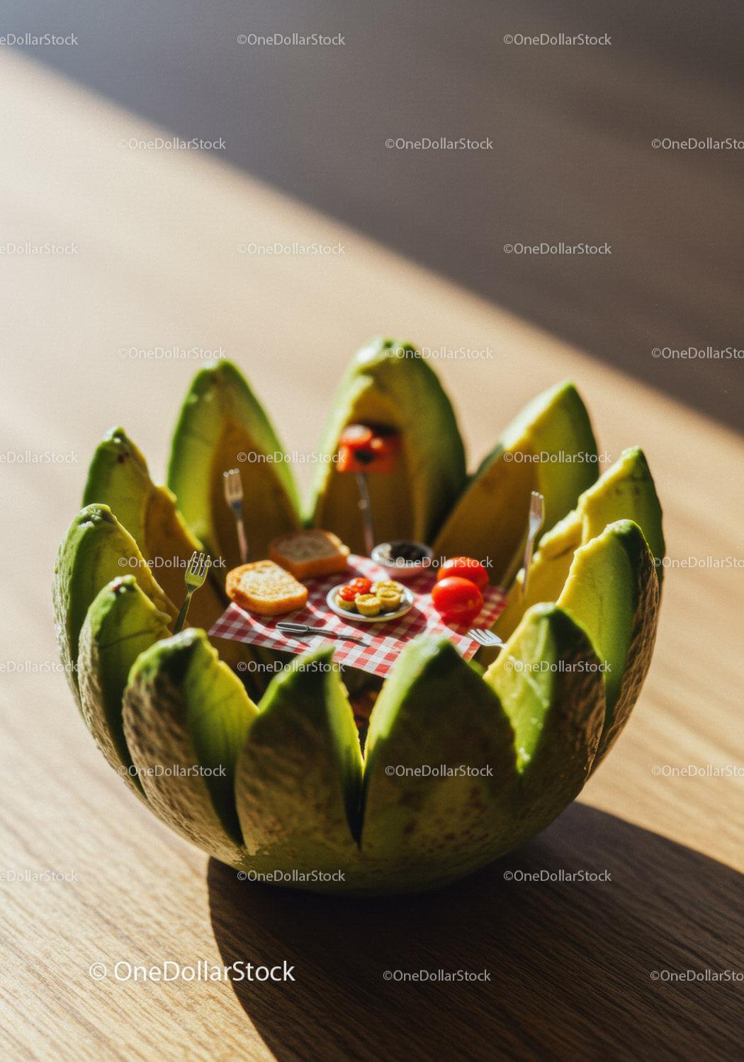 Miniature Picnic Scene Inside Sliced Avocado Bowl