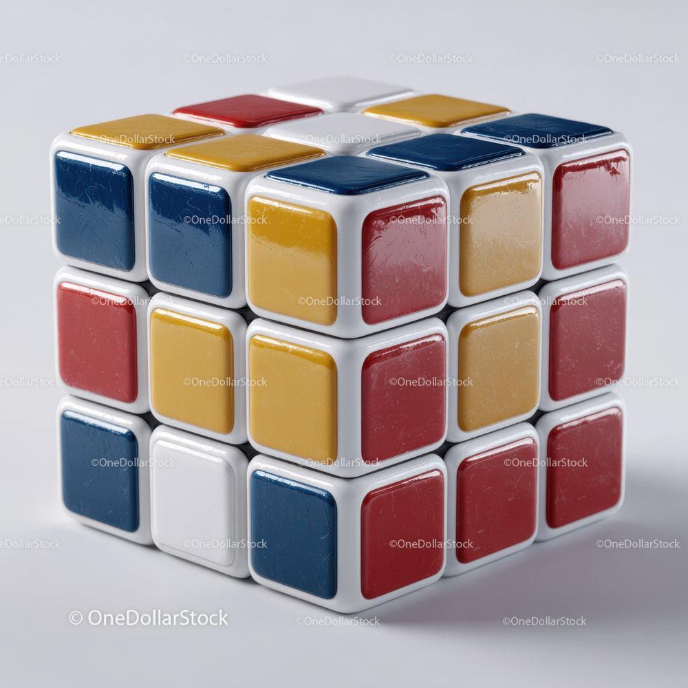 Glossy puzzle cube with red, blue, and yellow rounded square tiles on light gray surface