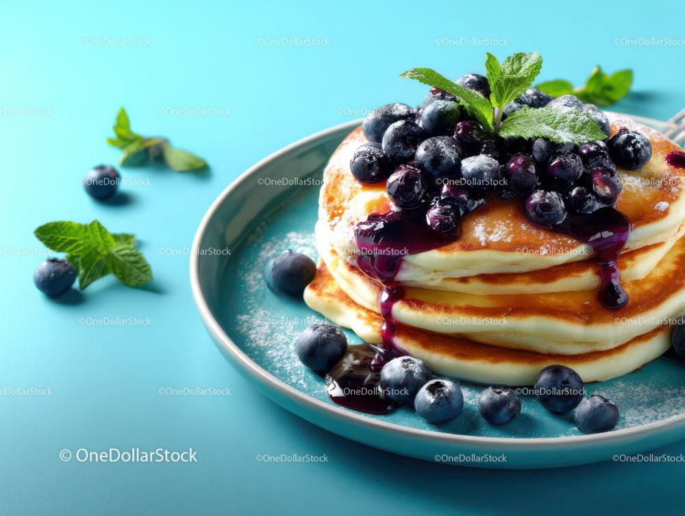 Stack of Pancakes with Blueberries and Fresh Mint on Bright Blue Background