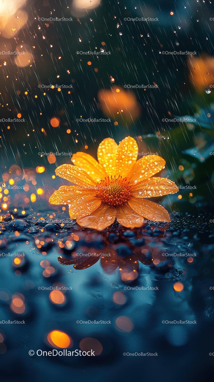 Vivid Orange Flower in Rain with Water Droplets in Bloom Scene