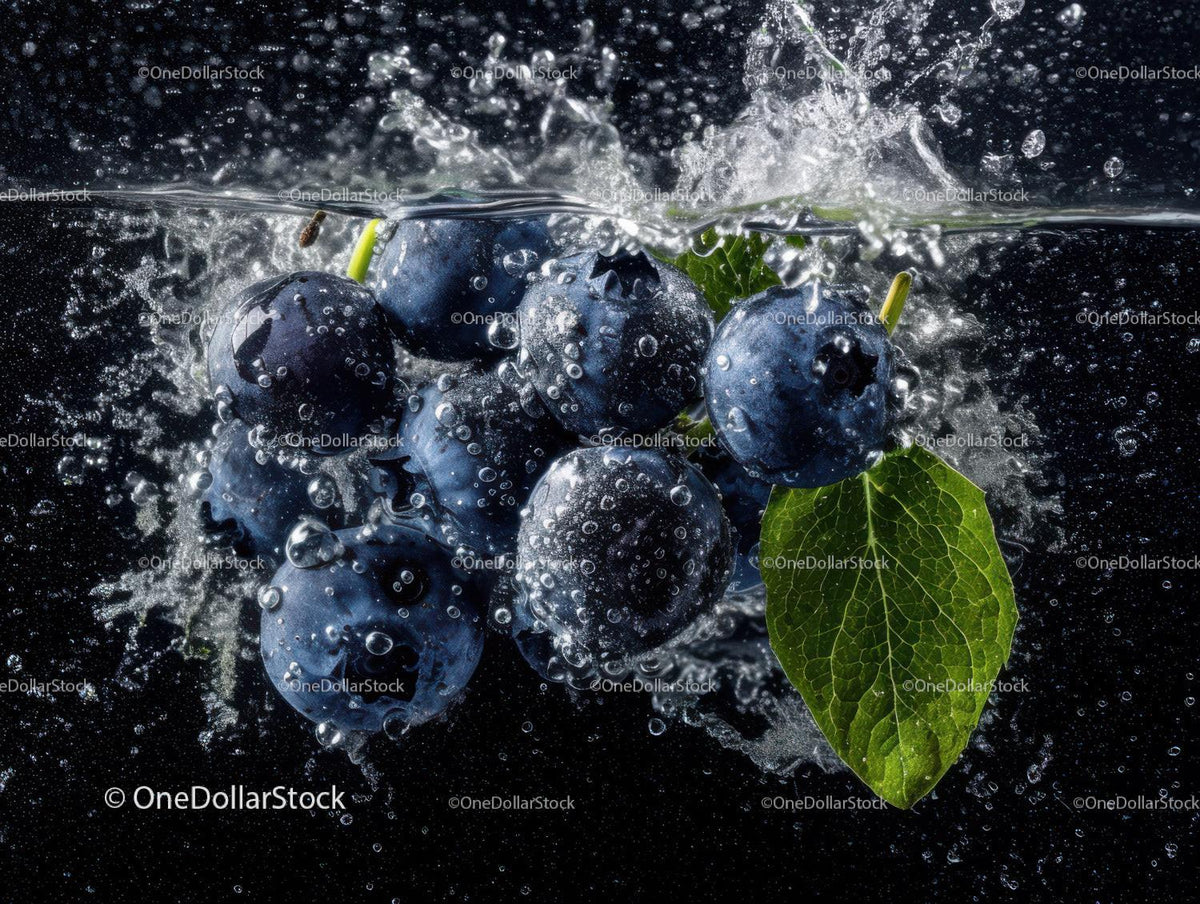 Fresh Blueberries with Water Splash and Green Leaf in Dark Background