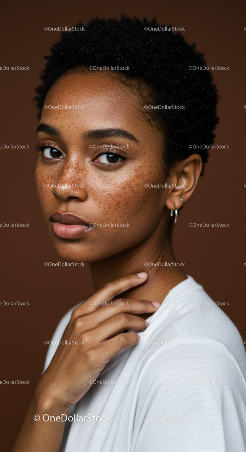 Portrait of a Beautiful Woman with Freckles and Natural Curly Hair