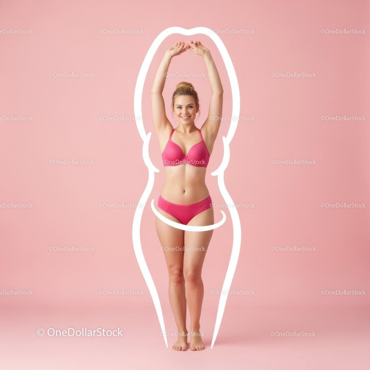 Young Woman in Pink Bikini Stretching Against Pink Background