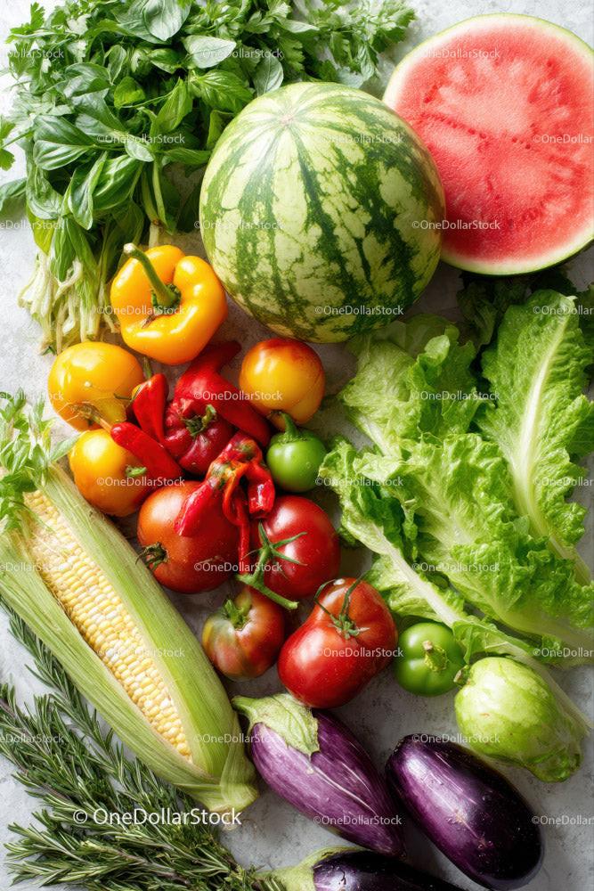 Fresh Summer Vegetable and Fruit Assortment with Watermelon and Peppers