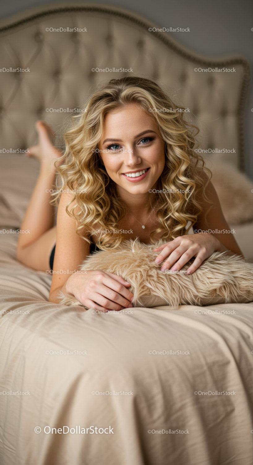 Smiling woman with curly hair relaxing on bed
