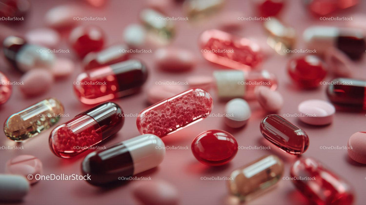 Colorful Assortment of Pills and Capsules on Pink Background