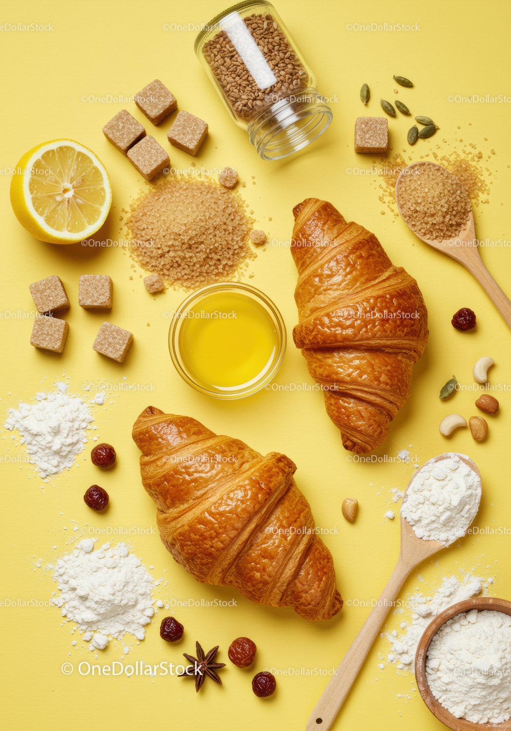 Golden Croissants with Ingredients for Fresh Baking