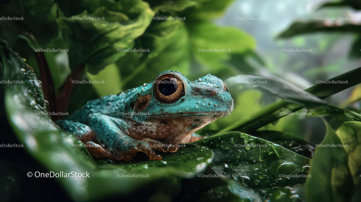 Vibrant Blue Frog Camouflaged Among Lush Green Jungle Leaves