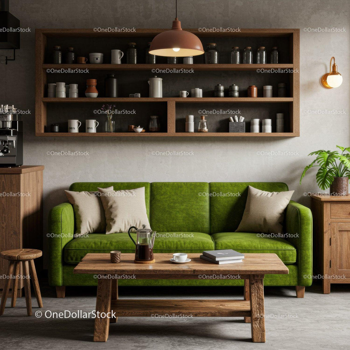Cozy living room with green sofa and wooden furniture