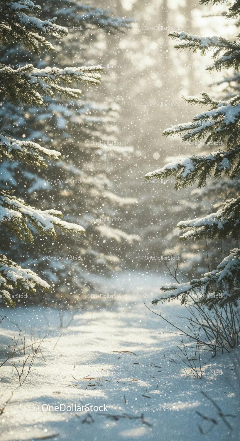Snowy forest path with sunlit falling snowflakes