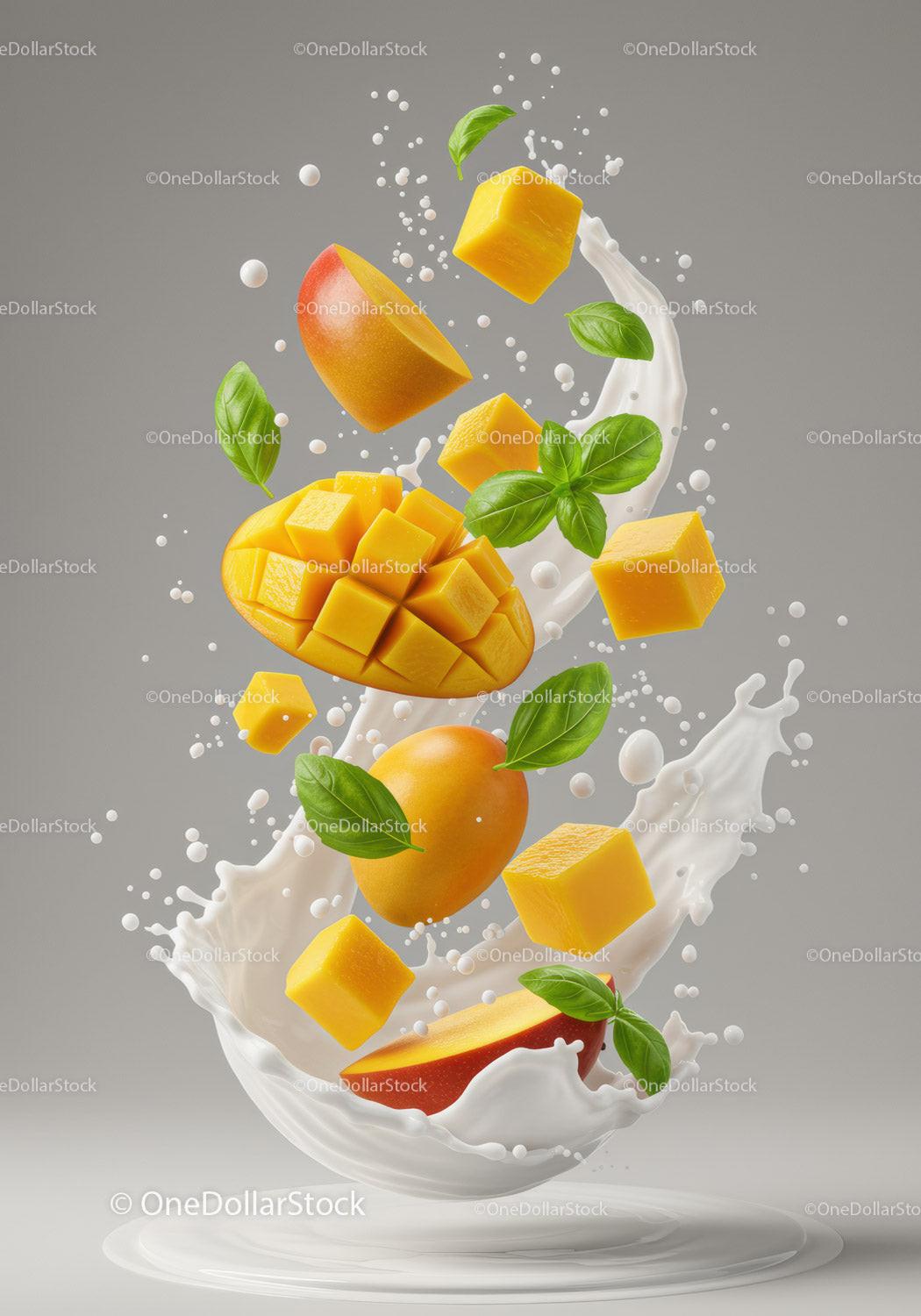 Fresh Mango Cubes and Leaves Splashing in Milk