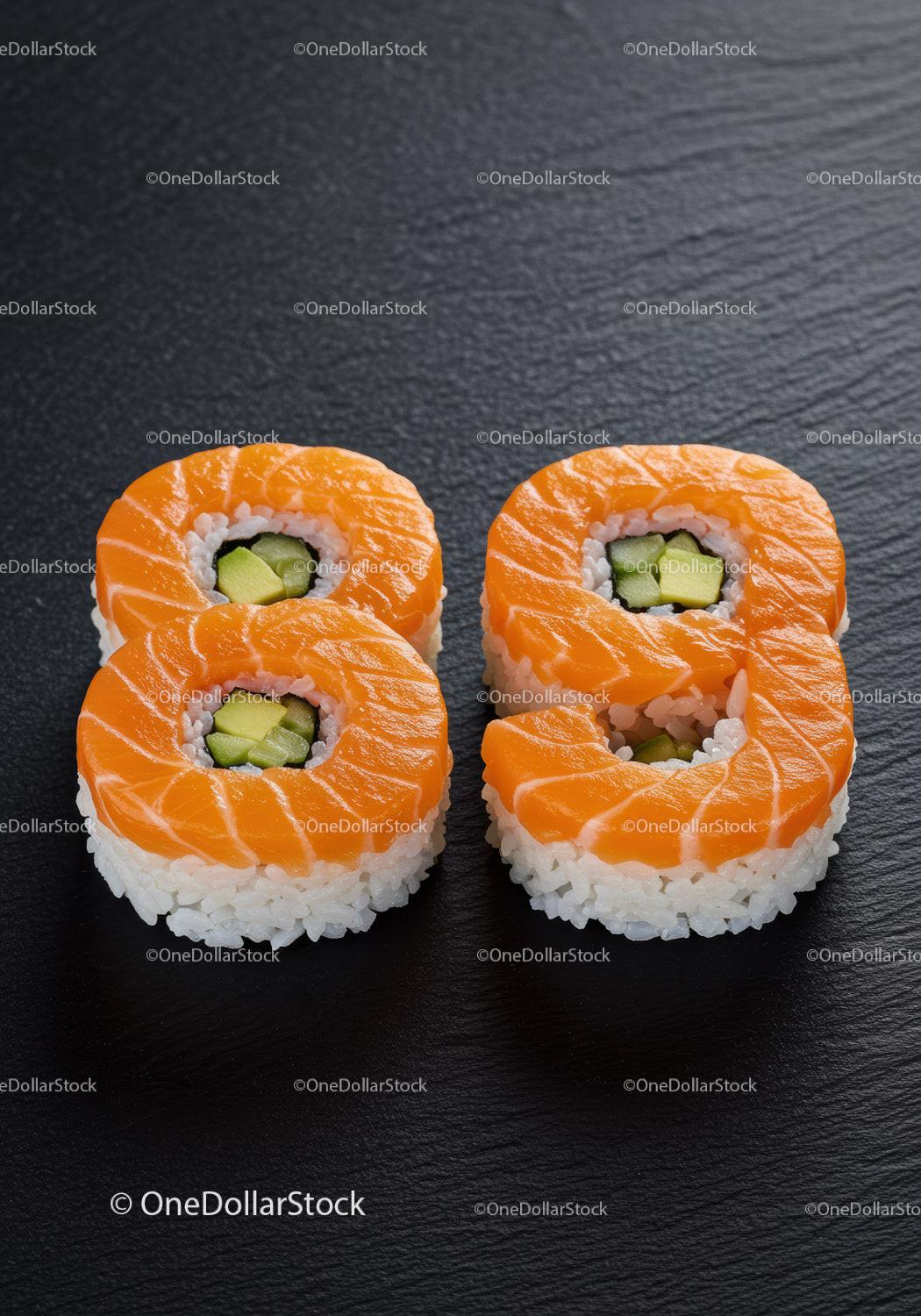 Fresh salmon sushi rolls on black slate board