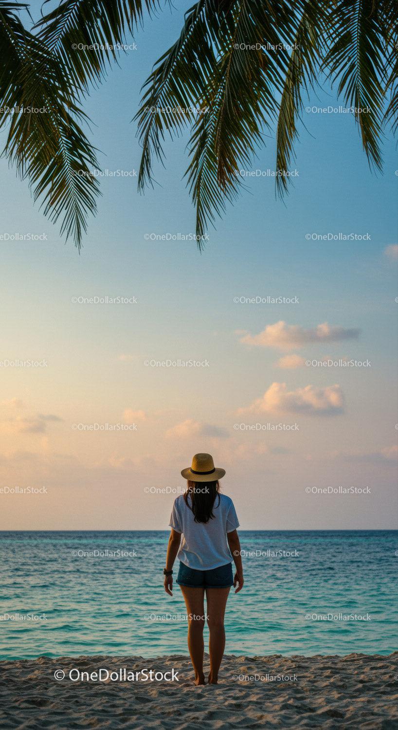 Woman Standing Alone on Beach at Sunset with Palm Trees and Ocean View