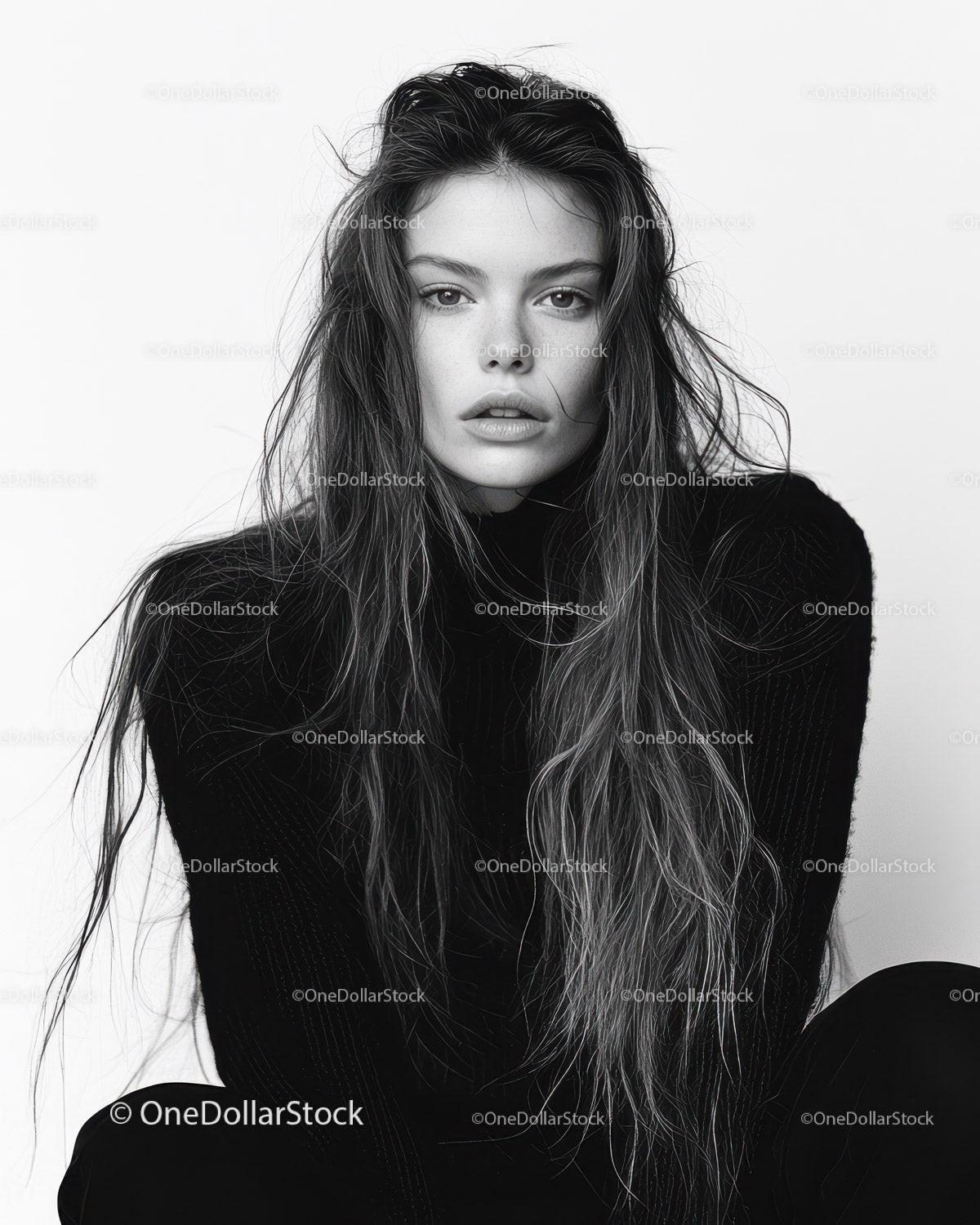 Elegant Black and White Portrait of Young Woman with Wet Hair