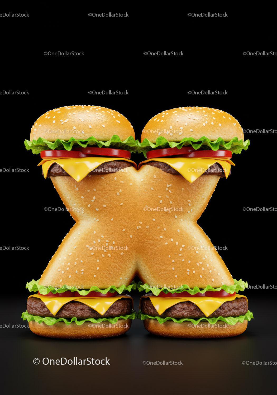 Cheeseburger shaped as letter X with fresh ingredients