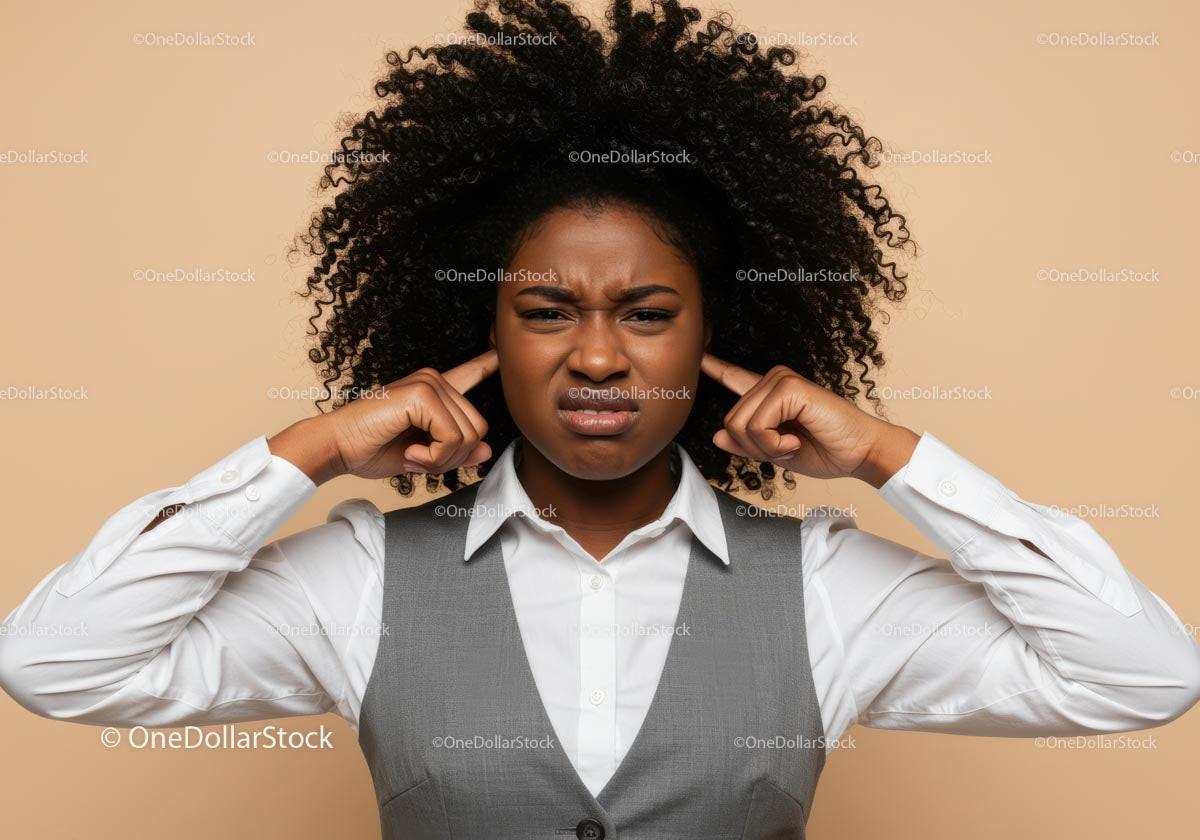 stock photo bundle made with Frustrated Woman Covers Ears Against Noise in Business Attire Stock Photo Bundle