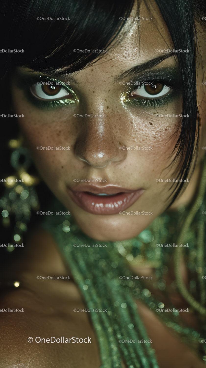 Fashion Portrait of a Woman with Bold Green Makeup and Glitter