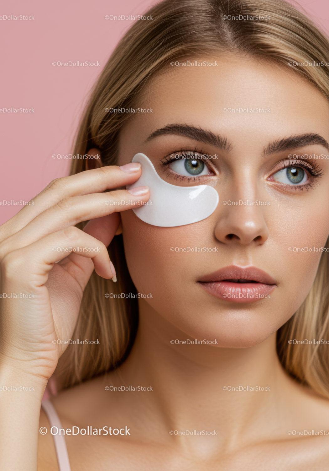 Close-up of a woman applying under-eye patch in skincare routine