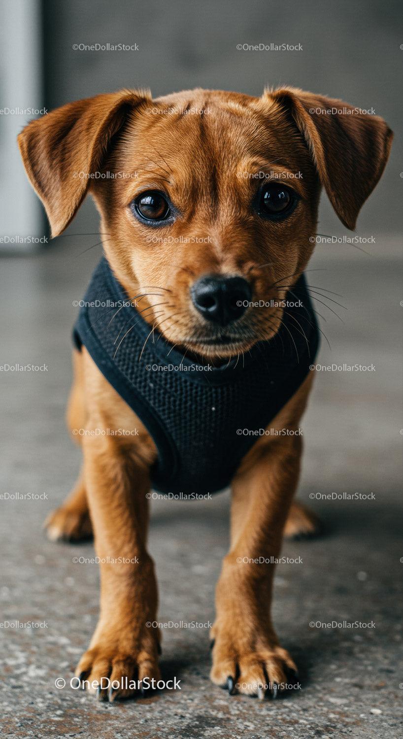 Curious brown puppy wearing black harness indoors