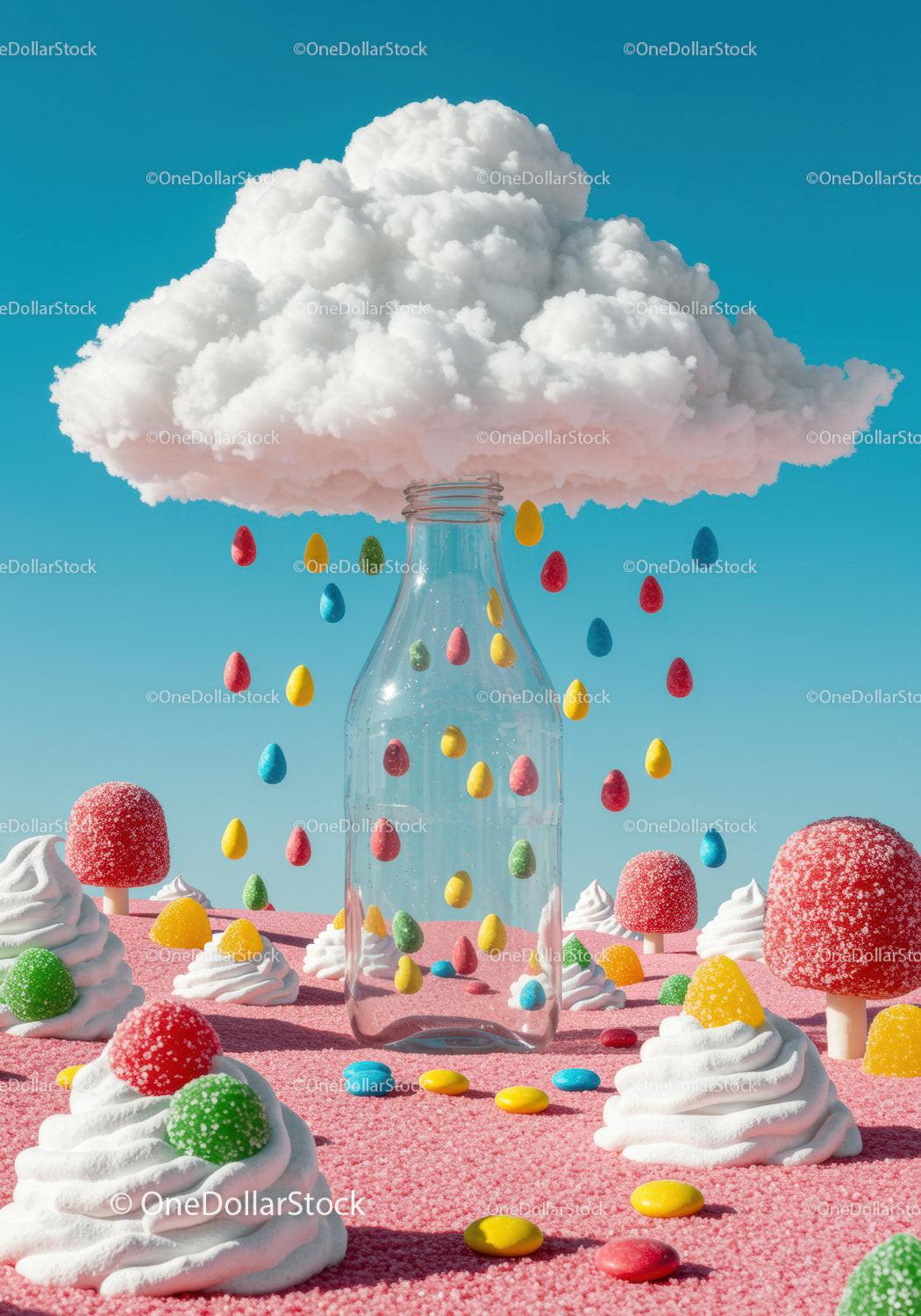 Colorful Candy Drops Falling Into Clear Glass Bottle