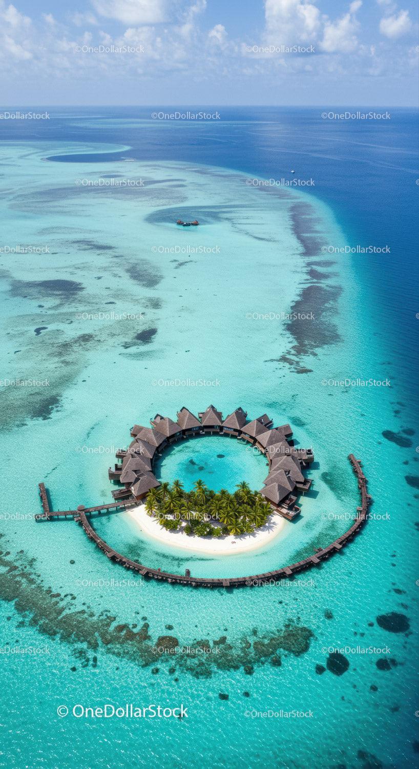 Overwater Bungalow Resort in Turquoise Ocean with Palm Trees