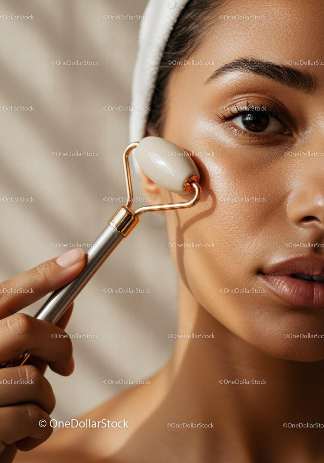 Close-Up of a Woman Using Facial Roller for Skin Rejuvenation