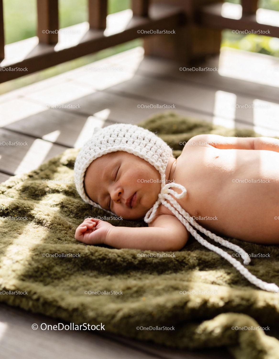 Peaceful newborn baby sleeping on textured green blanket