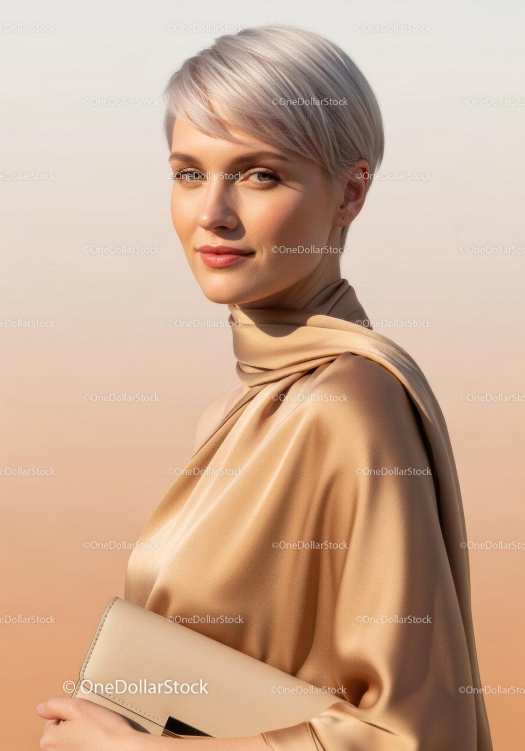 Elegant Blonde Fashion Model in Satin Dress with Stylish Clutch