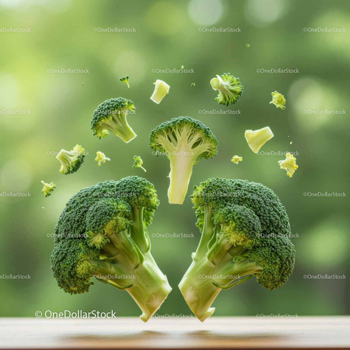 Fresh broccoli florets levitating over wooden surface