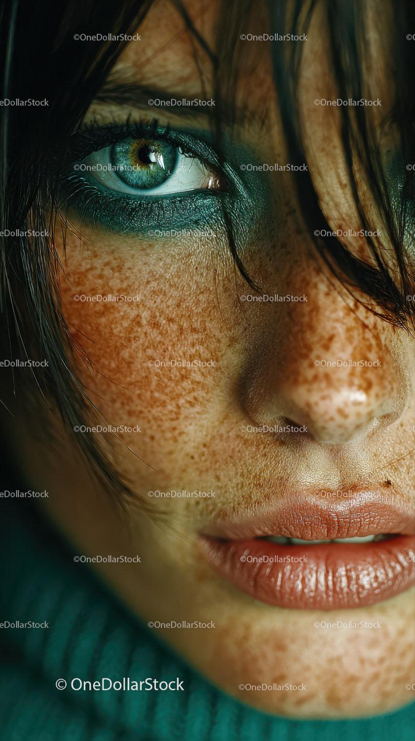 Close-Up of Woman with Vibrant Eye Makeup and Freckles in Portrait