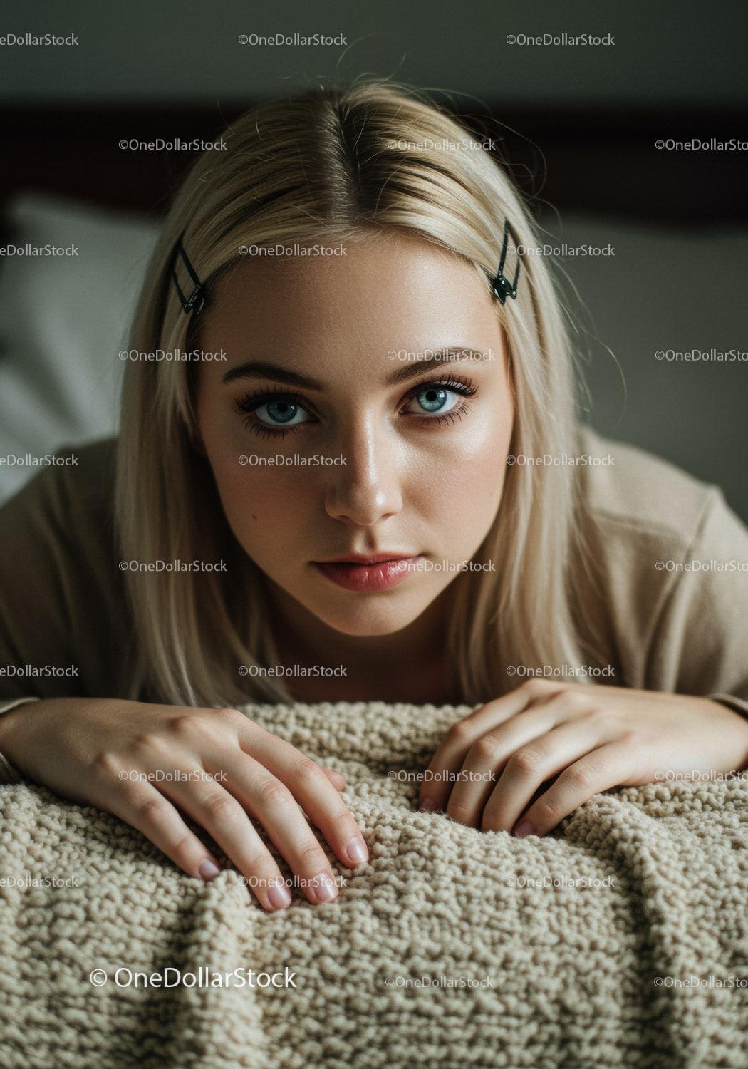 Close-up of a Young Woman with Blonde Hair and Blue Eyes in Cozy Indoor Setting