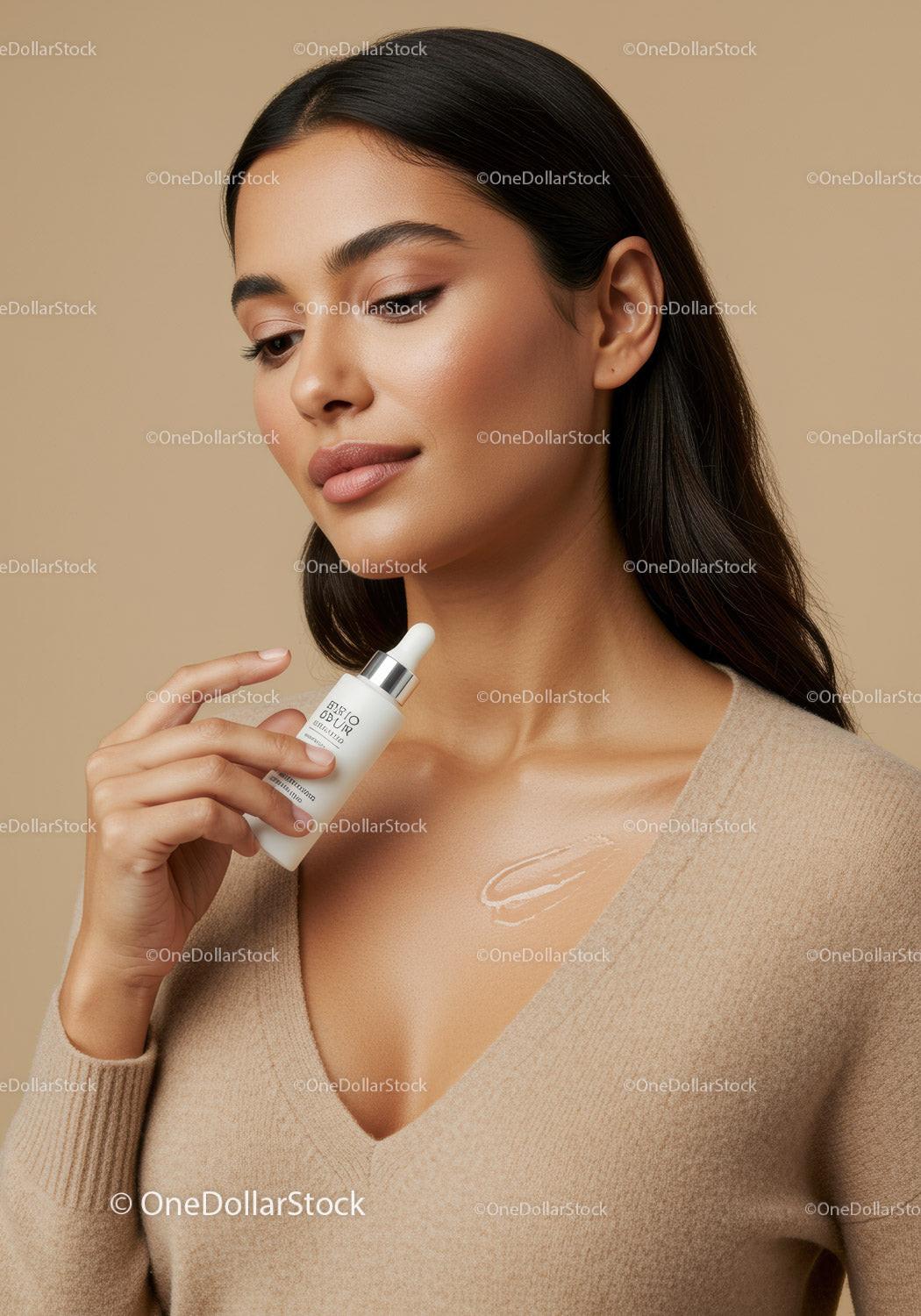 Elegant Woman Applying Moisturizer with Skincare Bottle on Skin