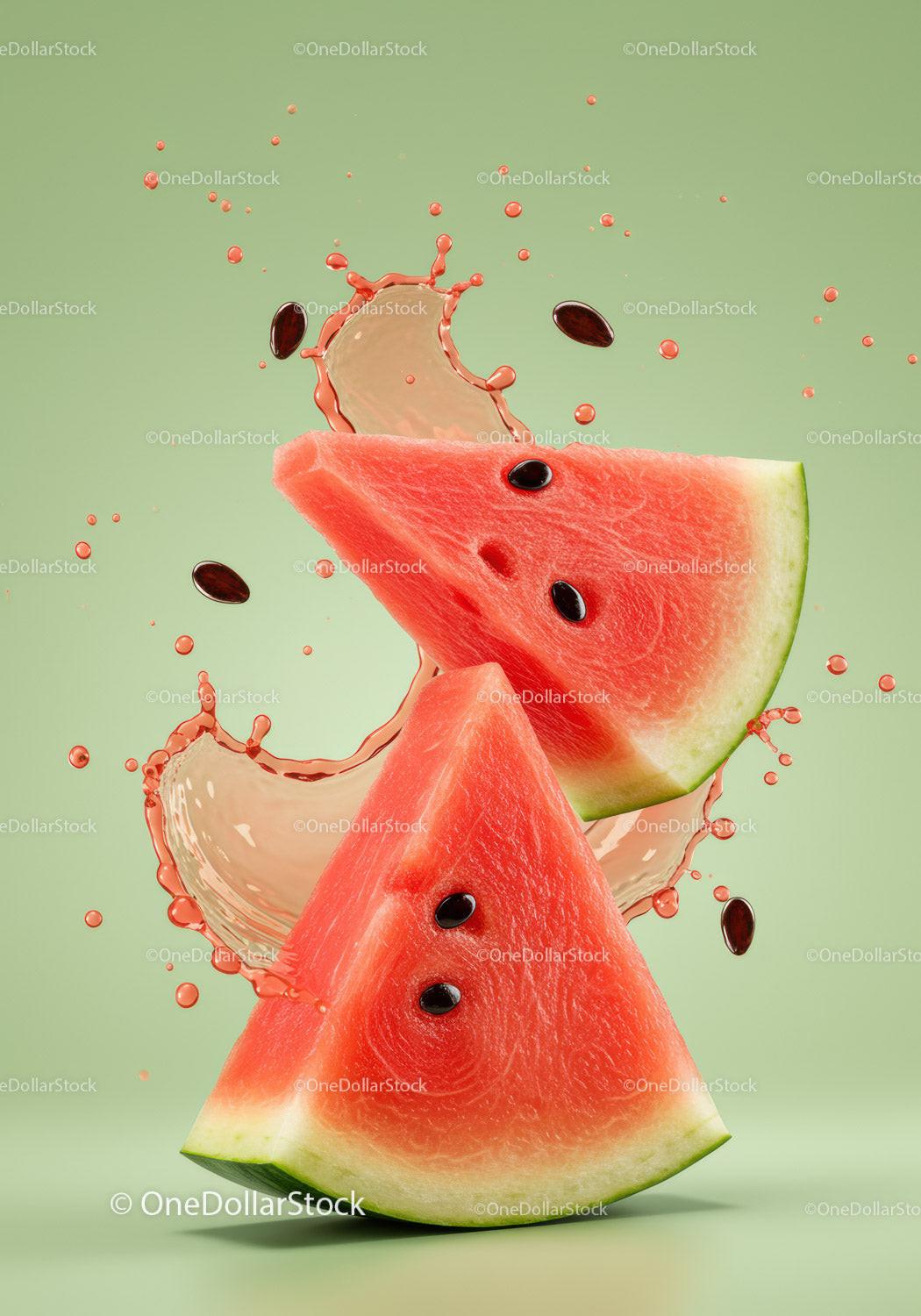 Fresh Watermelon Slices Splashing Juicy Red Drops