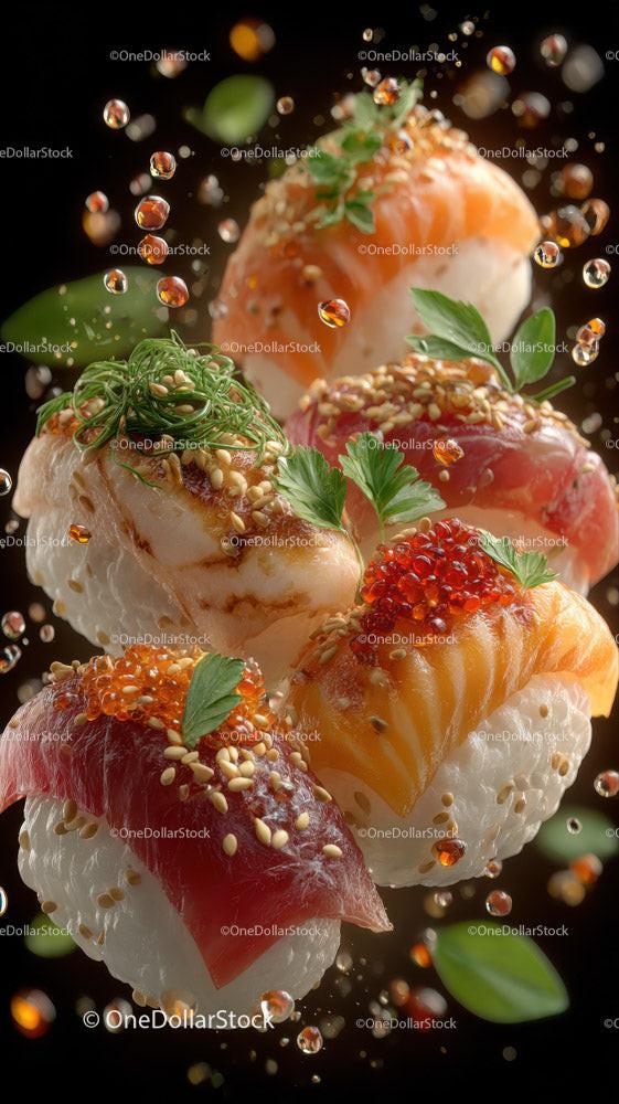 Fresh Sushi Plate with Salmon Tuna Rice Garnishes and Soy Sauce Stock Photo Bundle preview 13