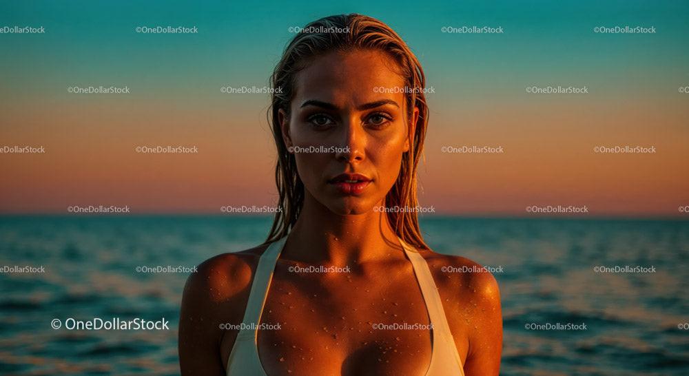 Young Woman in Swimsuit at Sunset Over the Ocean