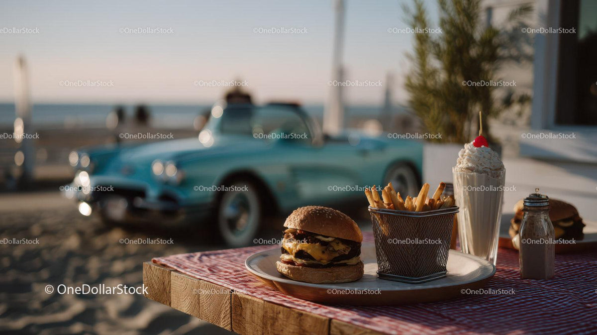 Beachside Cheeseburger French Fries and Milkshake with Classic Car Stock Photo Bundle preview 14