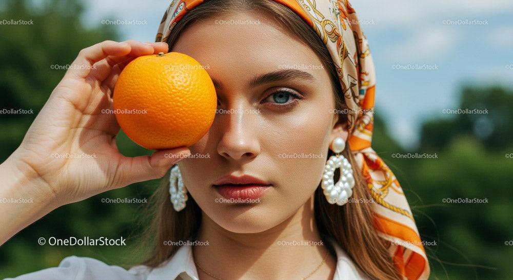 Stylish Woman Holding an Orange in a Bright Outdoor Setting Stock Photo Bundle preview 12