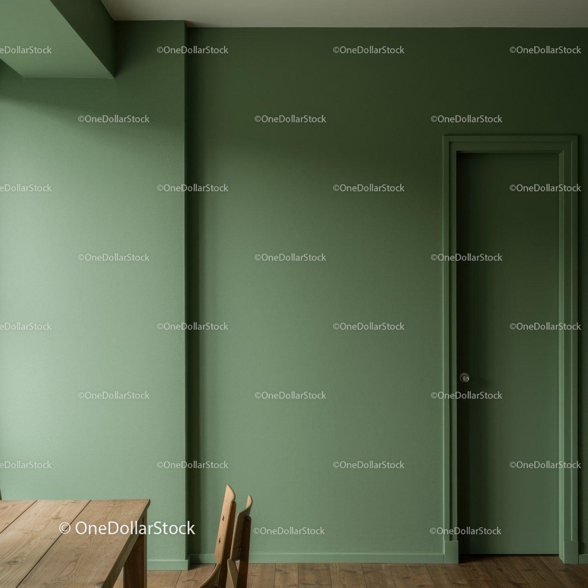 Green Interior Wall with Modern Minimalist Design and Wooden Furniture