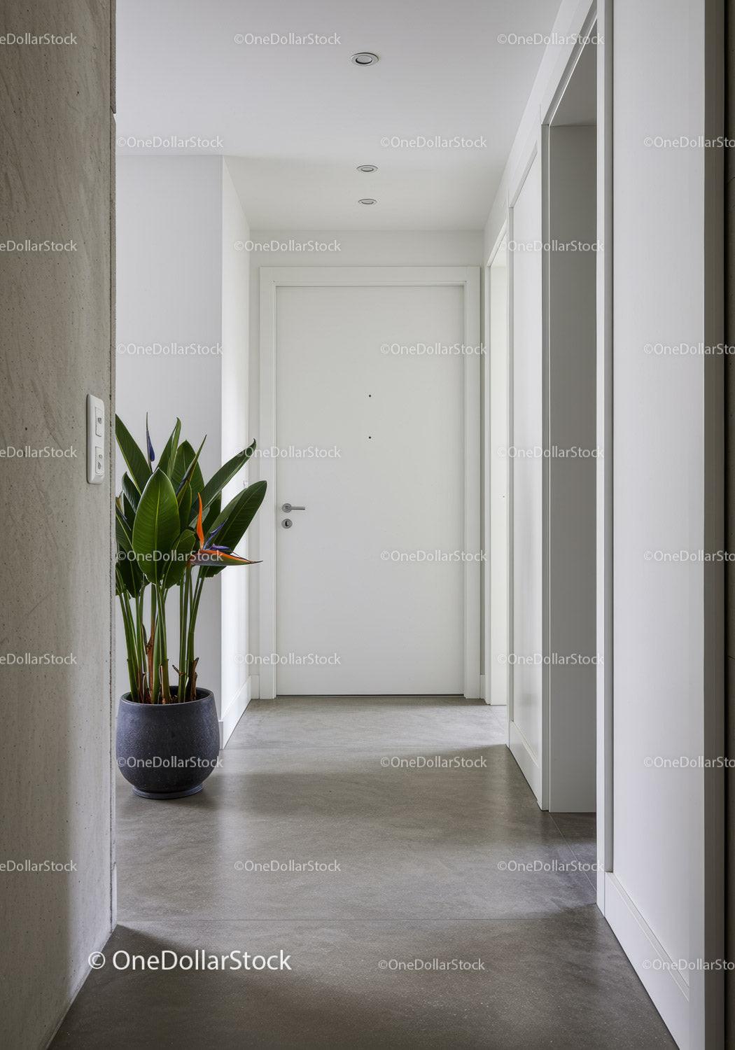 Modern minimalist home entrance with green plant and sleek white door