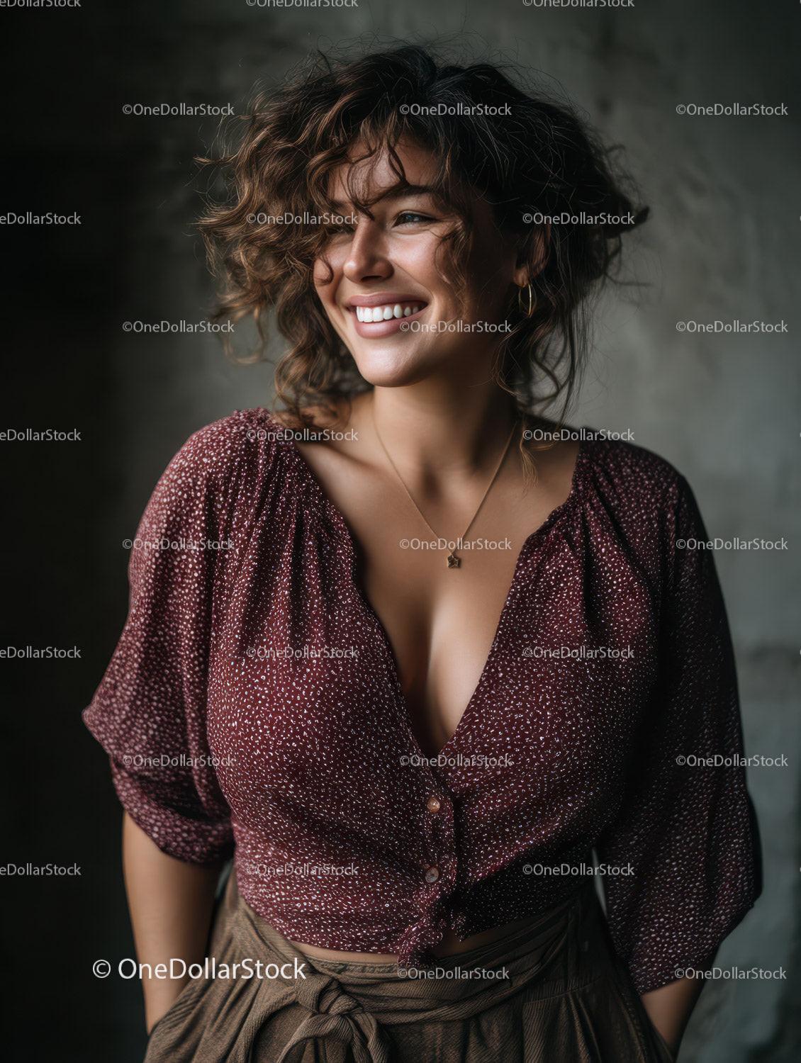 Fashionable Happy Woman with Curly Hair in Stylish Outfit