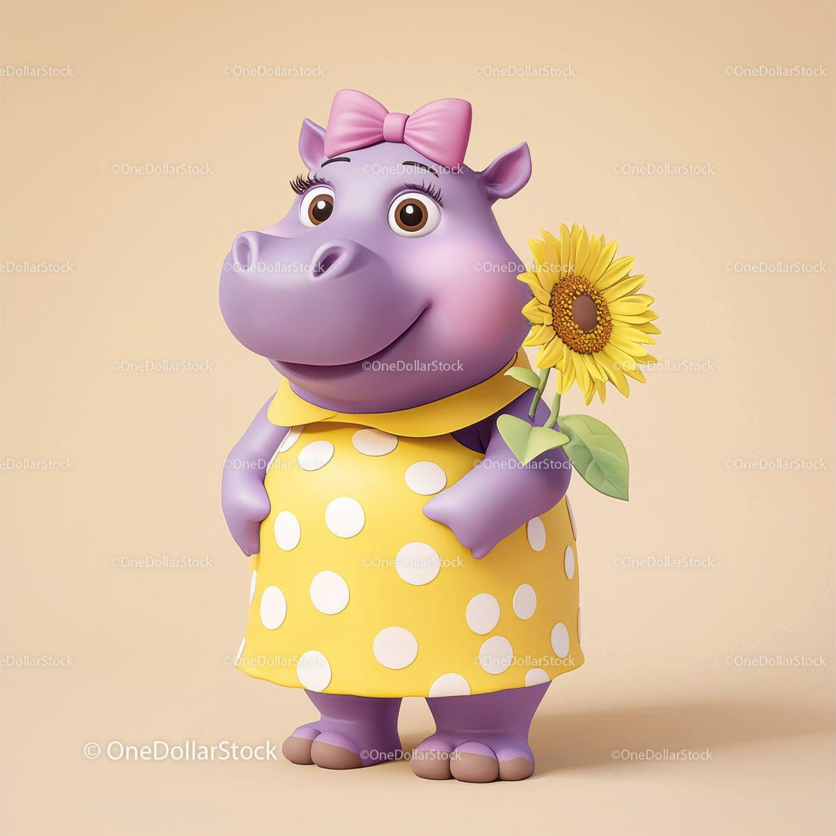 Purple cartoon hippo wearing yellow polka dot dress and pink bow holding sunflower