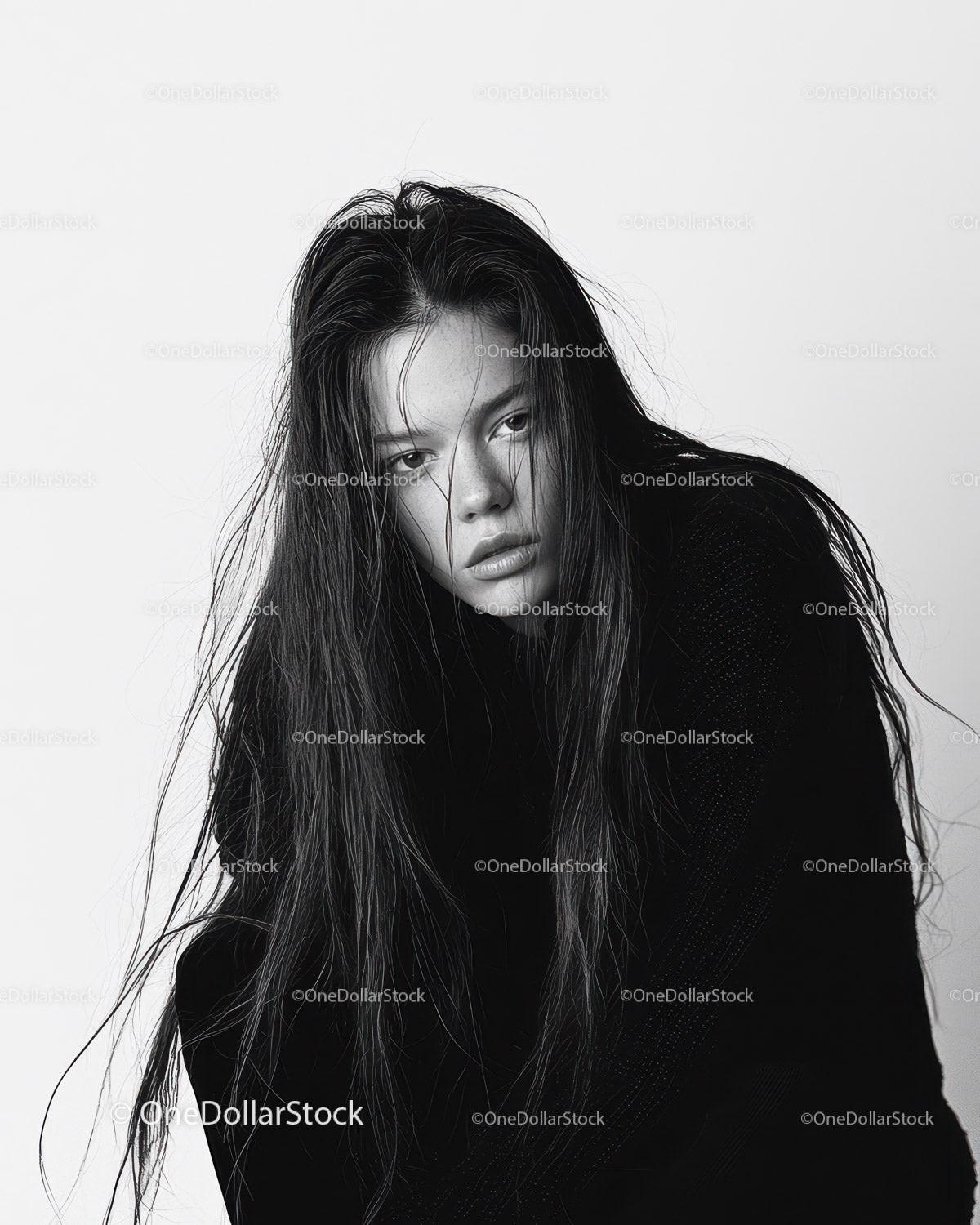 Intense Black and White Portrait of Young Woman with Wet Hair