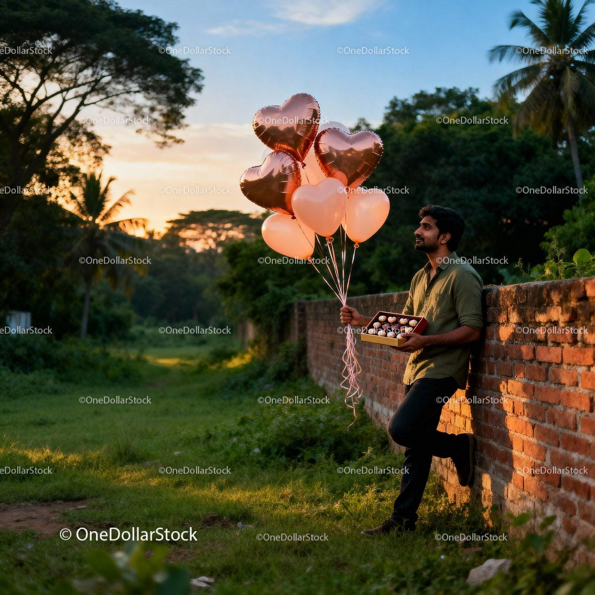Man holding heart balloons and chocolates at sunset