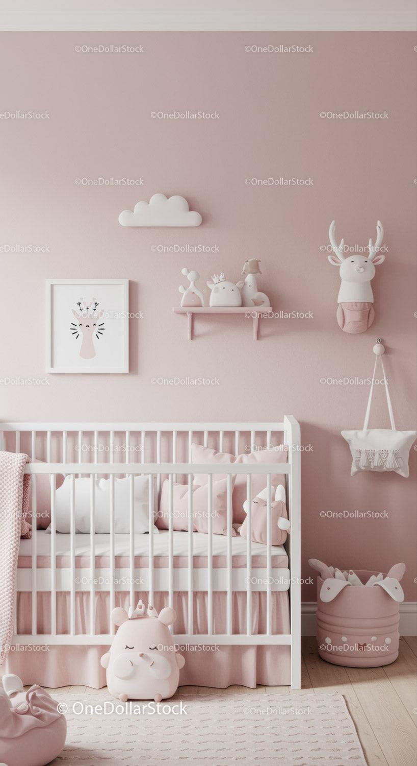 Pink Baby Nursery with Plush Deer and Cloud Wall Decor