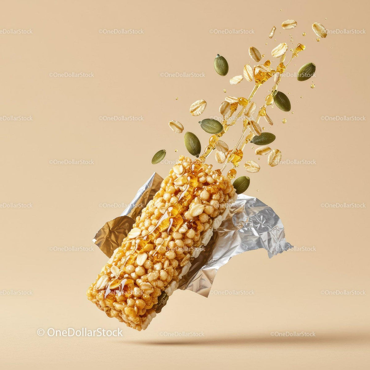 Nutty granola bar with honey and seeds splash