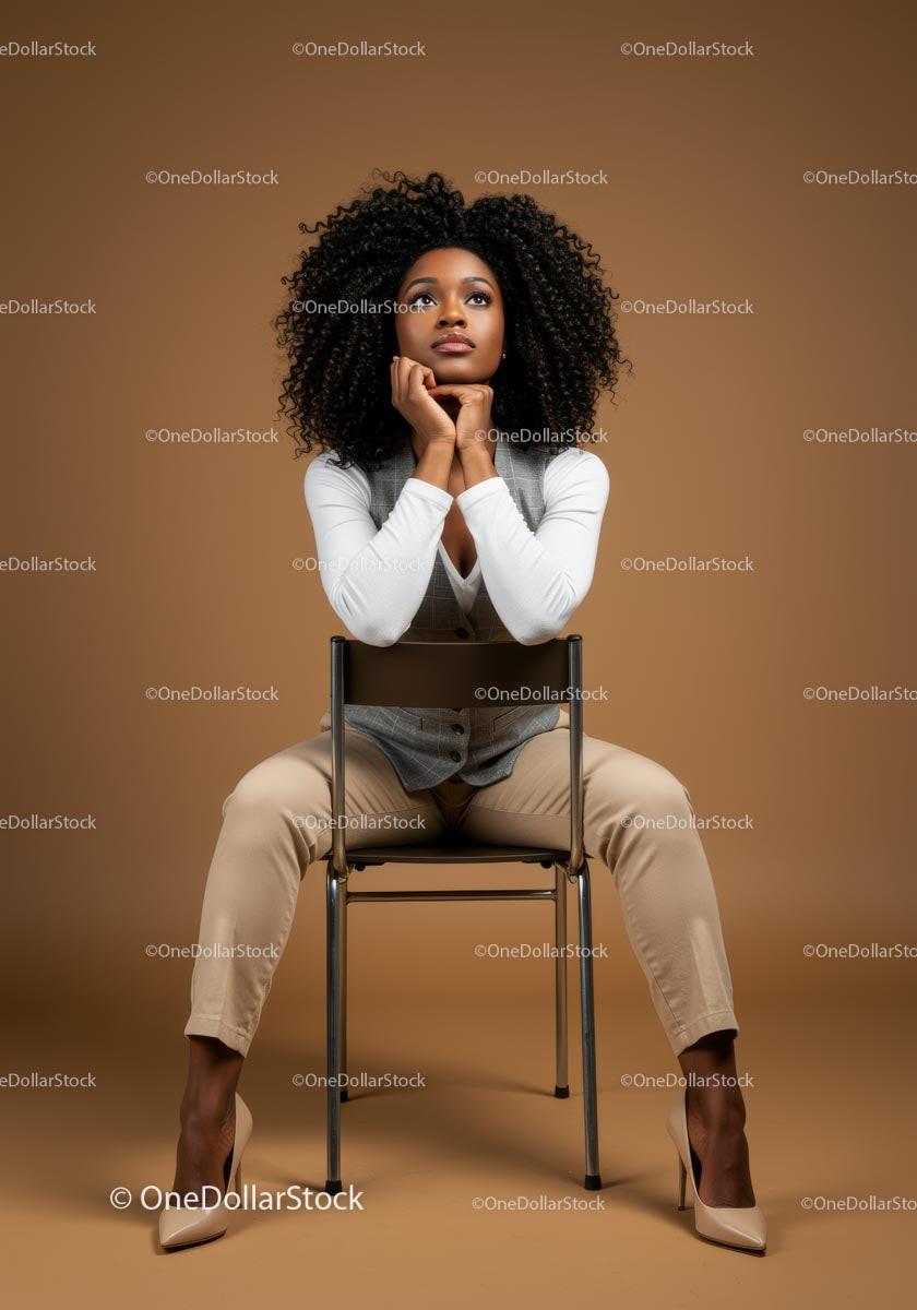 Elegant Woman with Curly Hair Sitting on Chair in Studio
